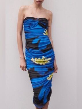 Zara Strapless Printed Tulle Blue Floral Ruched Midi Dress